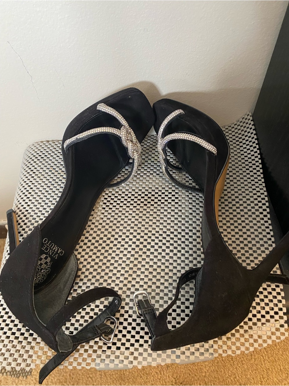 Vince Camuto Black Suede Ankle-Strap Heels with Rhinestone Knot - Picture 6 of 6